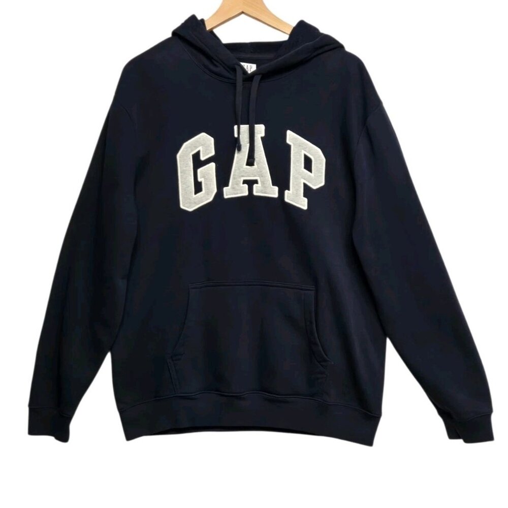 GAP Hoodie Mens Size Large Navy Pullover Embroidered Logo Spellout Casual